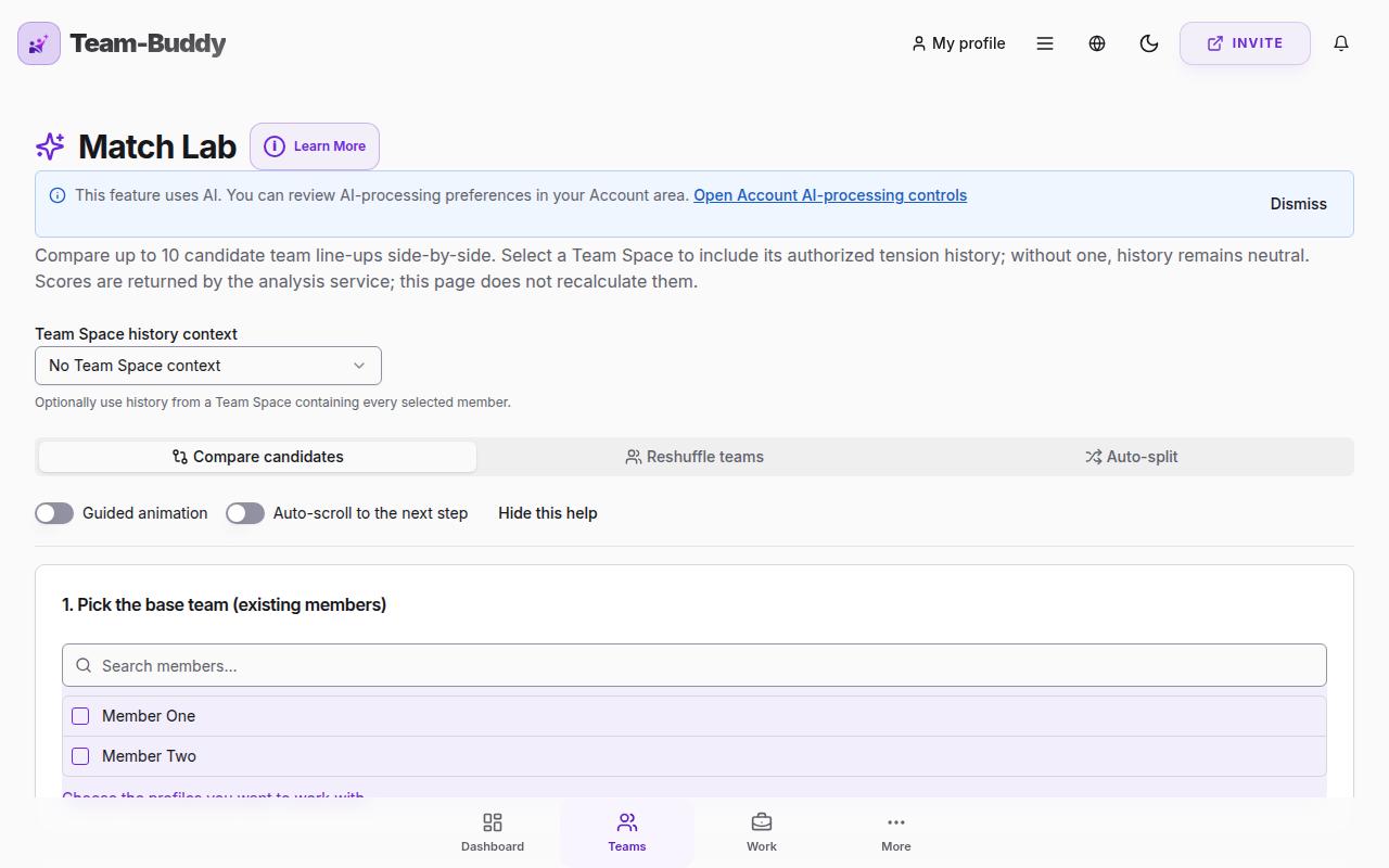 Beispielansicht von Team-Buddy mit Match Lab.