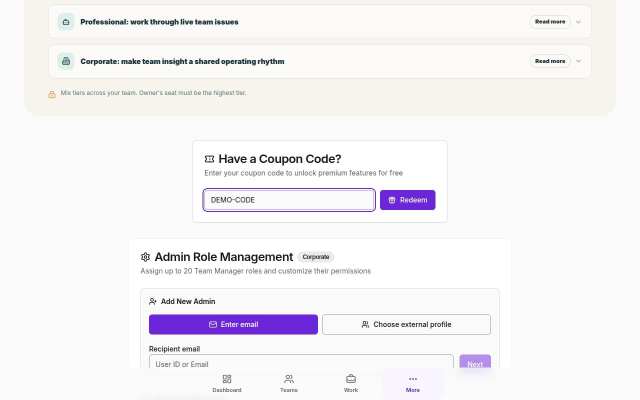 Example Team-Buddy screen showing Coupon redemption.