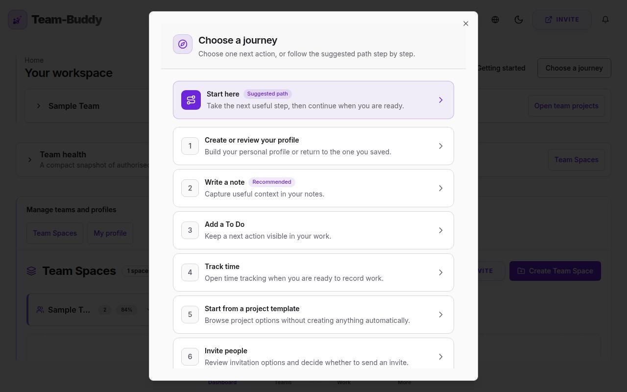 Example Team-Buddy screen showing Personal Journey.