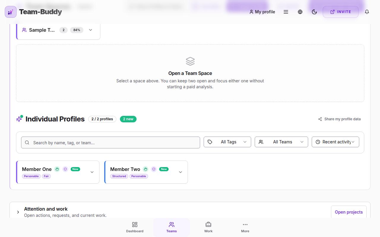 Pantalla de ejemplo de Team-Buddy que muestra Formulario de perfil.
