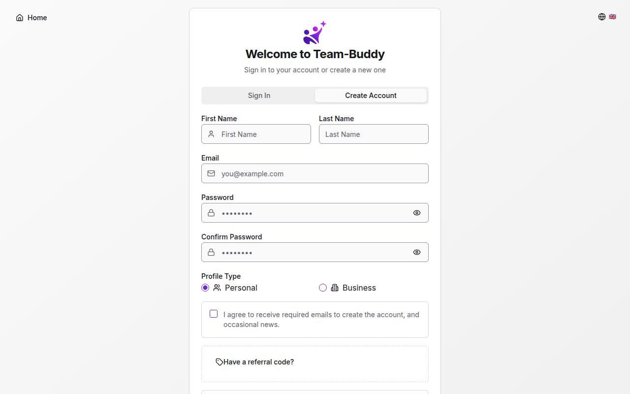 Schermata di esempio di Team-Buddy che mostra Registrazione dell’account.